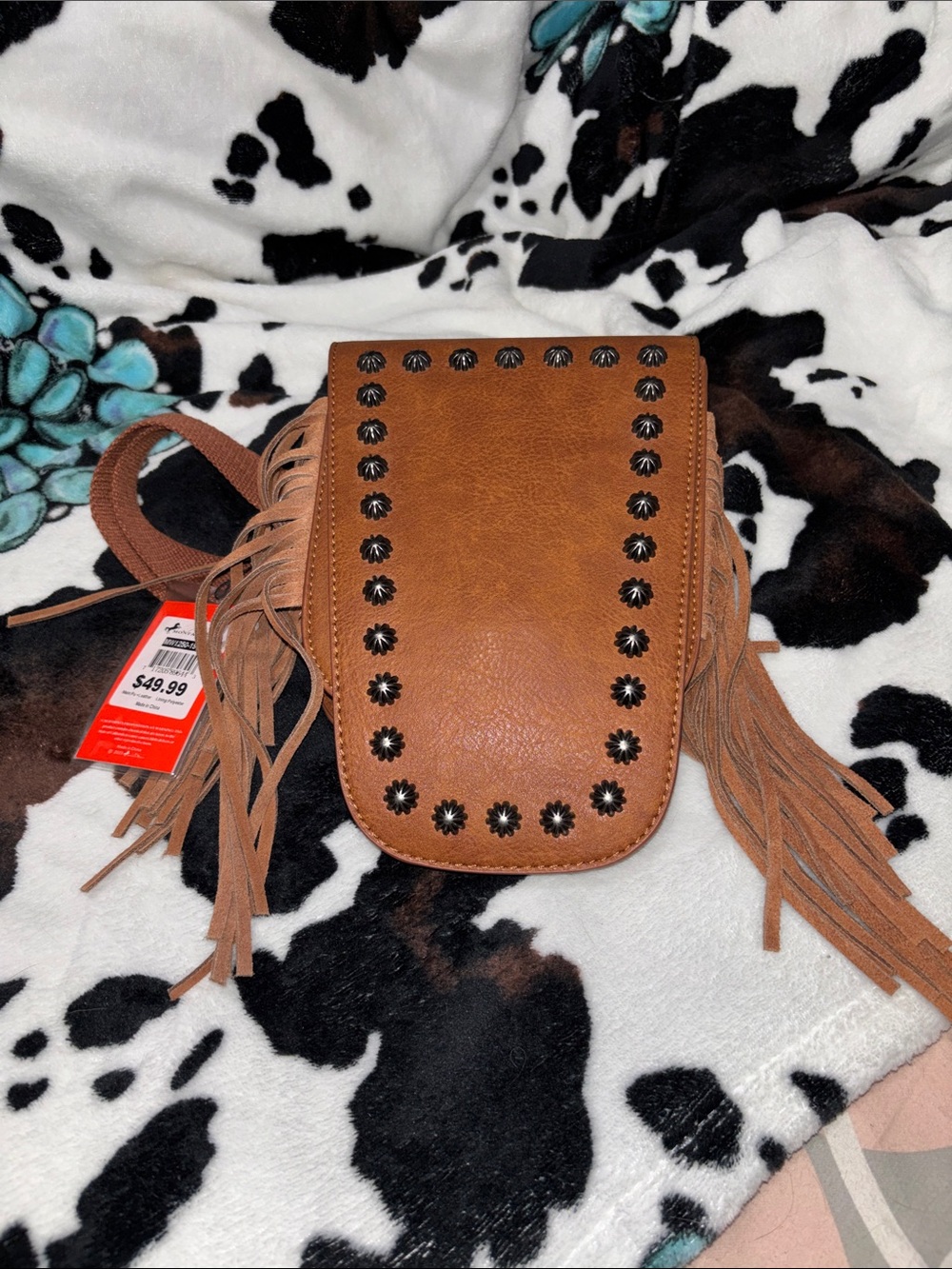 Fringed Brown Crossbody Bag with Stud Detail